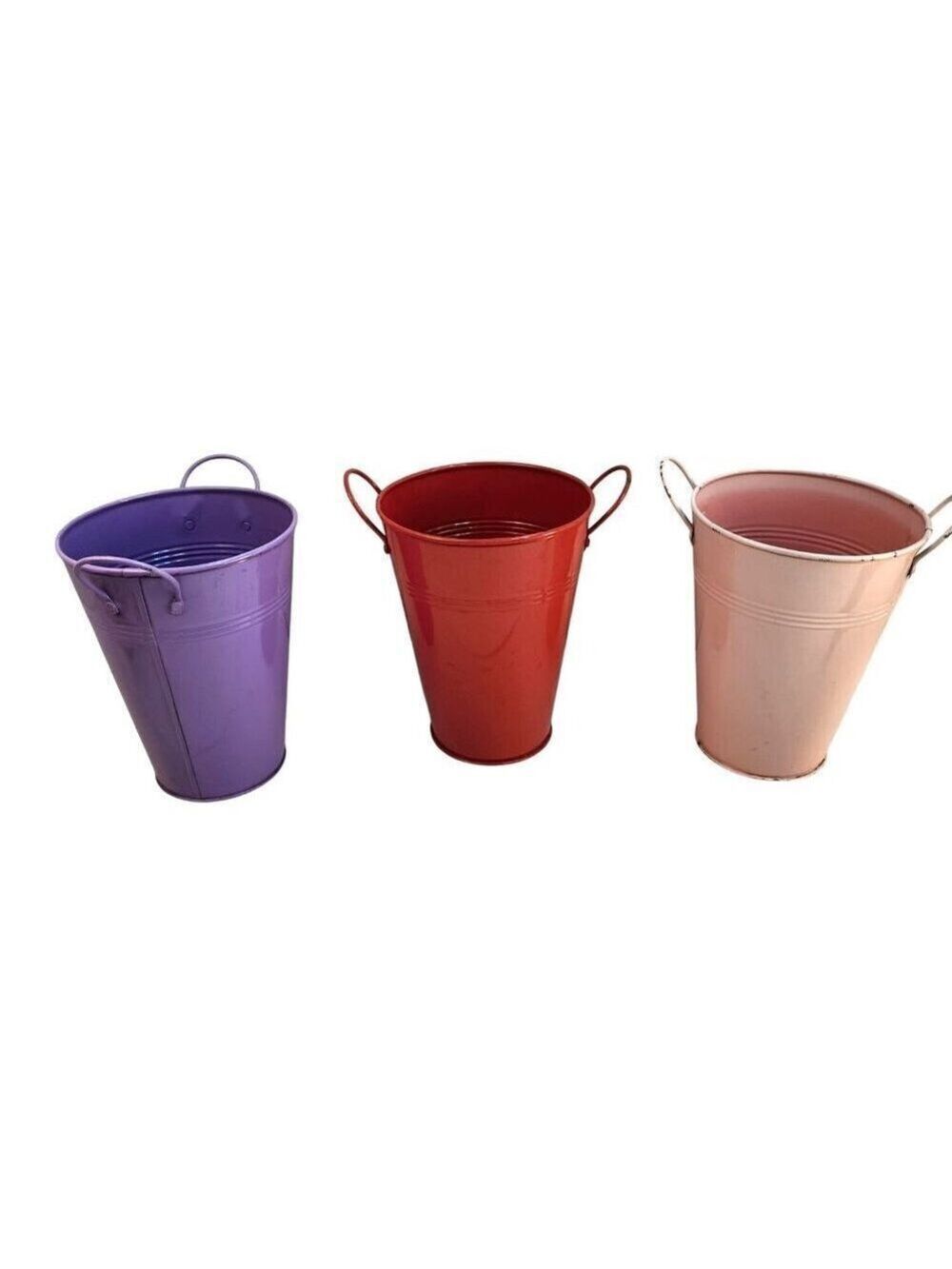 Set Of 3 Pink Red Purple Metal Vase Buckets With Handles